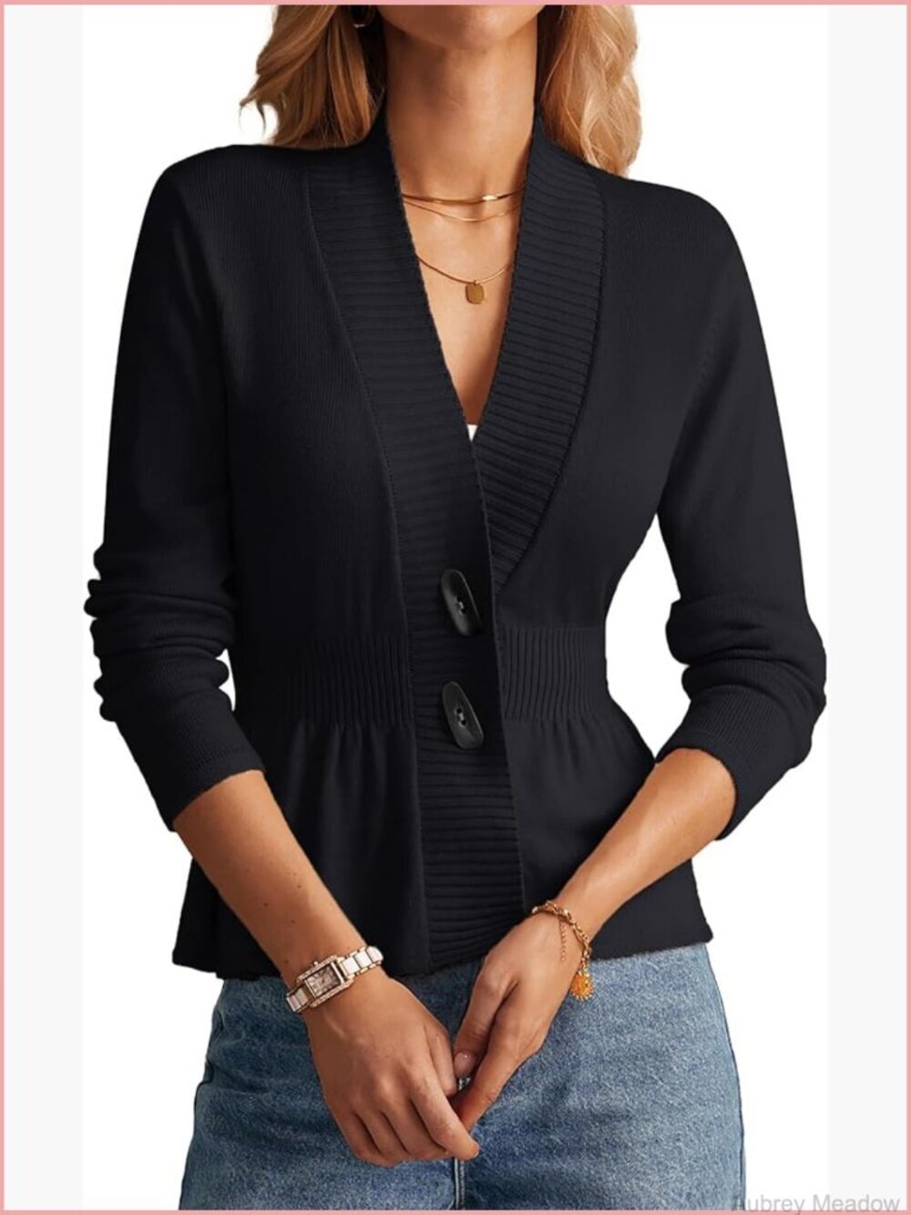 Faux Horn Button Peplum Cardigan Crochet Lightweight V-Neck